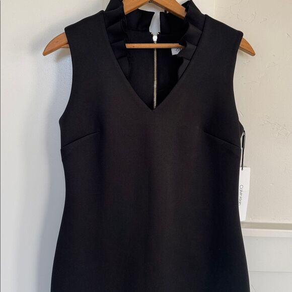 Calvin Klein Elegant Black Sleeveless V-Neck Dress Stretchy Gold Zipper Sz 6 NWT - Picture 4 of 13